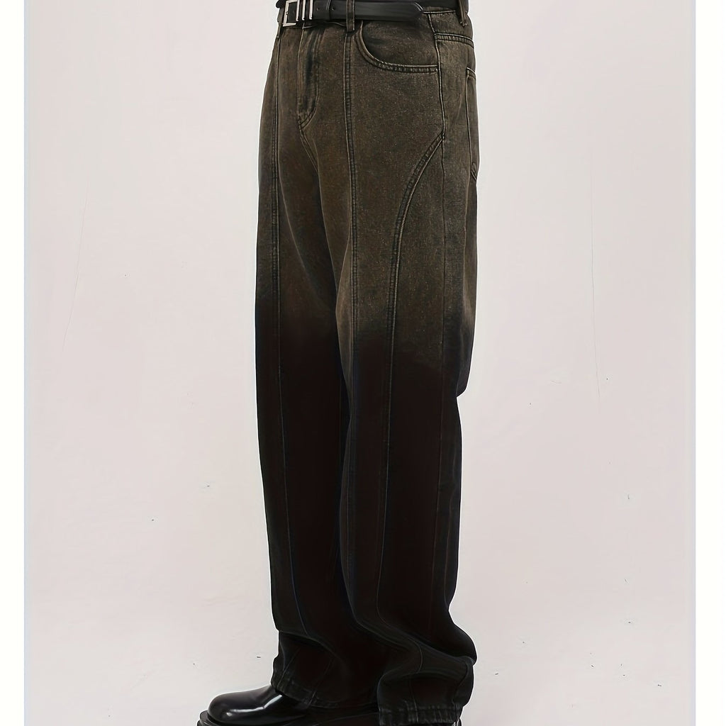 Jeans Men'S Retro Distressed Brown Straight Leg Mop Loose Casual Wide-leg Pants