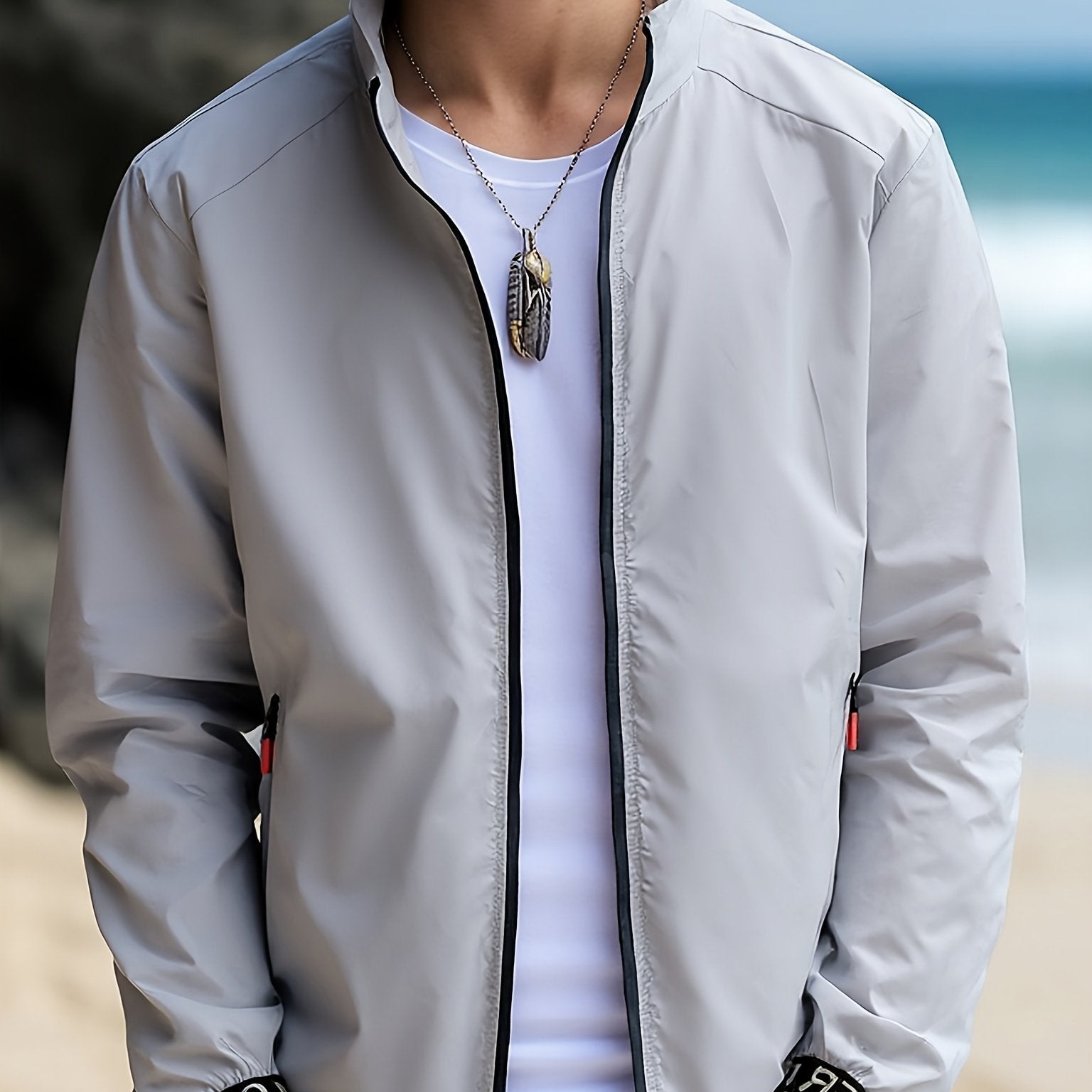 Men'S Lightweight Windbreaker Jacket - Softshell Zip-Up Coat with Stand Collar, Lightweight Windproof Outerwear for Gym, Fishing, Travel - Quick-Dry Athletic Jacket in Light Grey\Black - Spring\Fall\FSummer Casual Outerwear