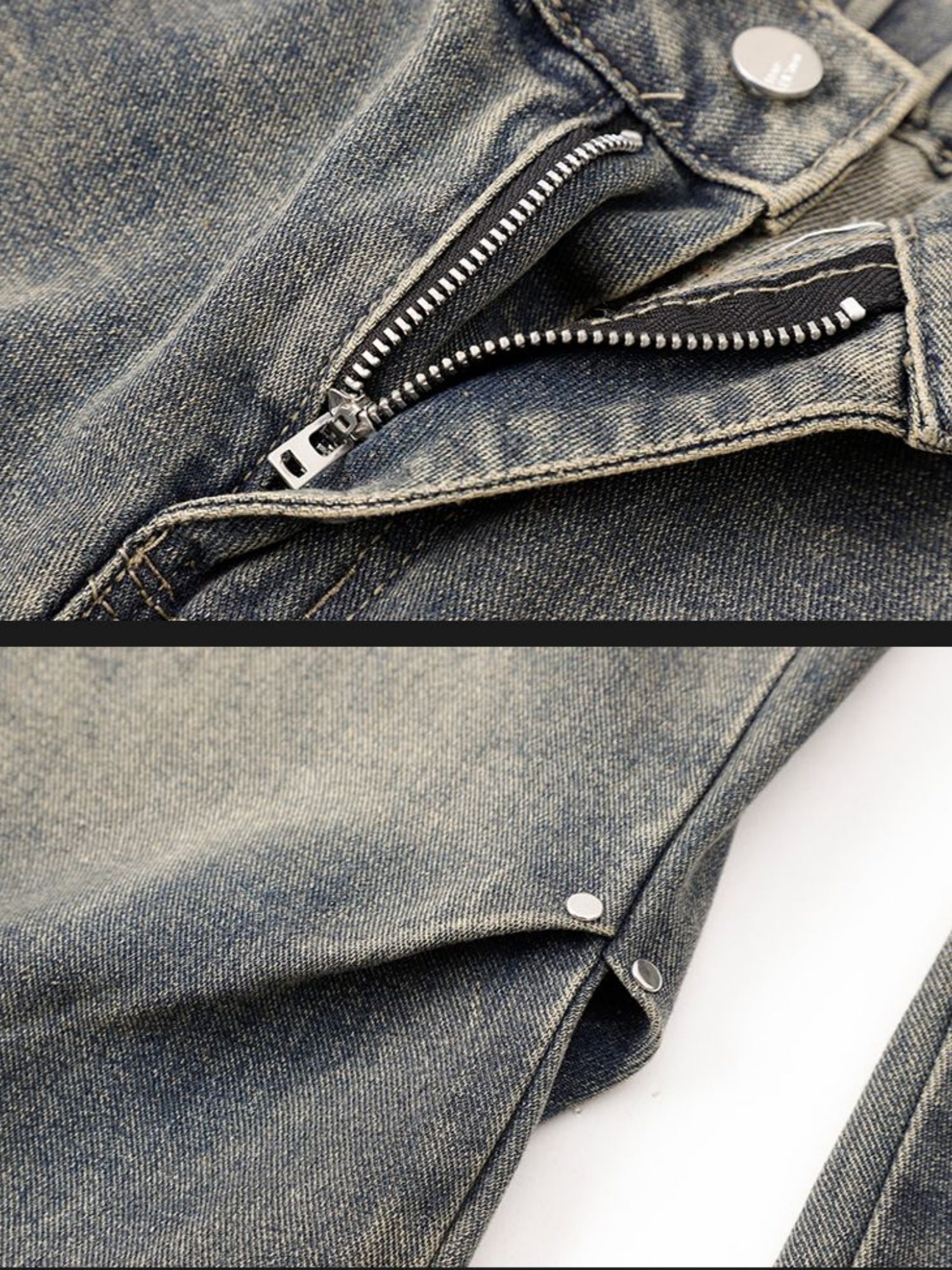 Men's -Lined Wide-Leg Workwear Jeans with Rivet & Wrinkle- - Vintage Distressed Straight-Leg Pants for High-Street Style, Winter (Machine Washable) | Solid Color Casual Outfit for Tall Users