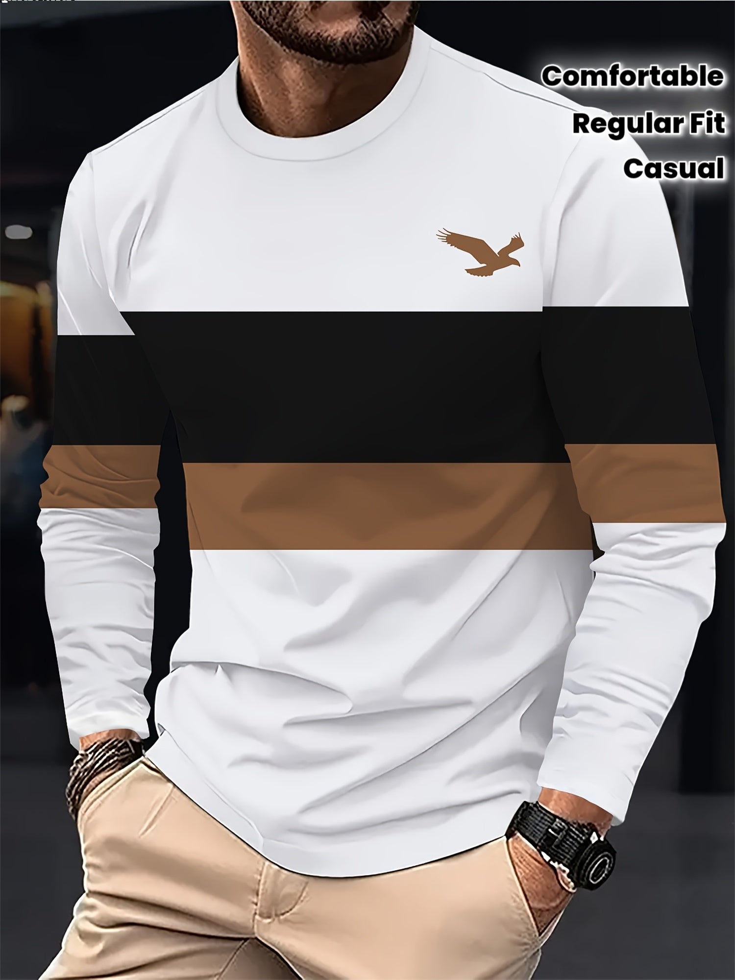 Men'S Long Sleeve T-Shirt with Eagle Logo - White & Brown Striped Design, Regular Fit, All-Season Comfort, Casual Style, Comfortable Clothing | Logo Tshirt | Stretchable Fabric